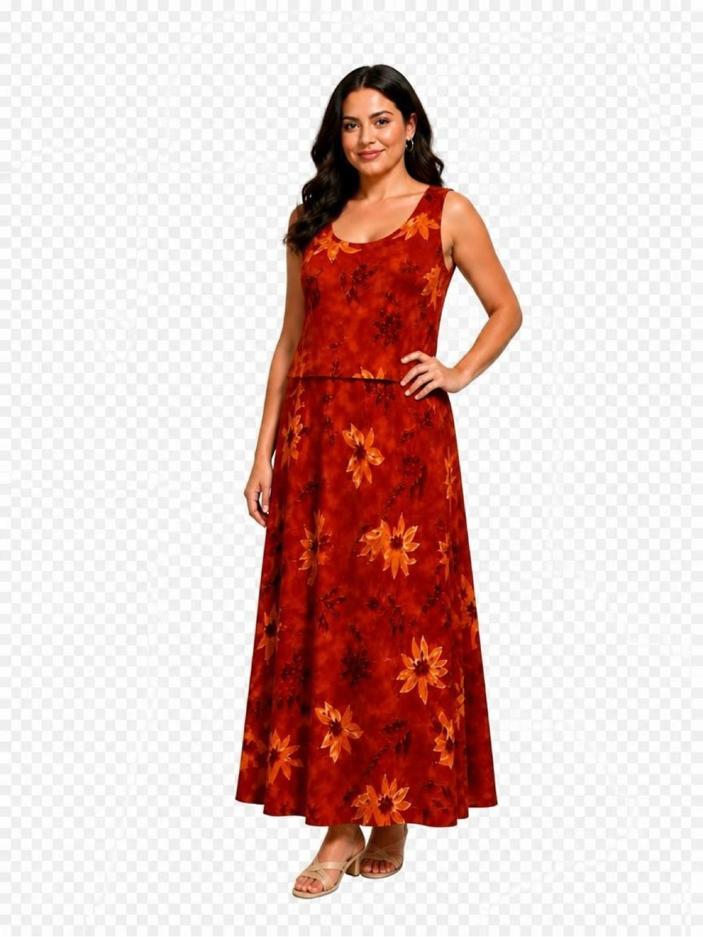 Sleeveless Red Floral Tropical Dress